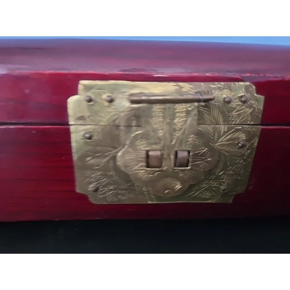 Vtg Chinese Wooden Jewelry Box w Ornate Brass & White Jade Silk Lined Redwood